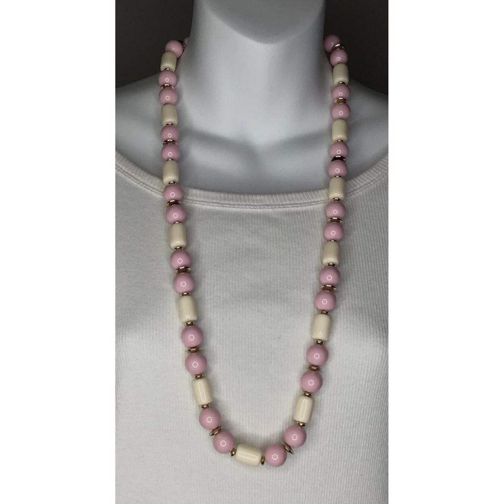 Vtg‎ Pastel Pink/Cream Beaded Necklace Summer Statement Retro Mid-Century Modern